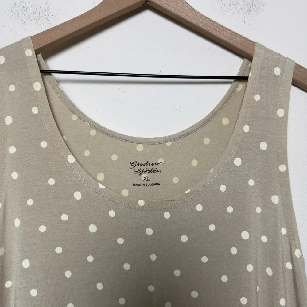 Gudrun Sjoden Women Dress XL Tan Polka Dot Sleeveless Scoop Neck Lyocell Artsy